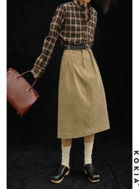 KOKIA现货 进店b入罗马棉卡其色直筒半裙过膝廓形中裙四季百搭
