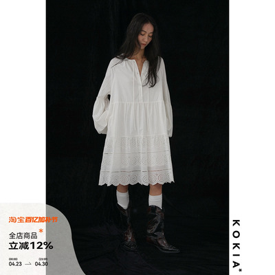 KOKIA马德拉刺绣灯笼袖连衣裙