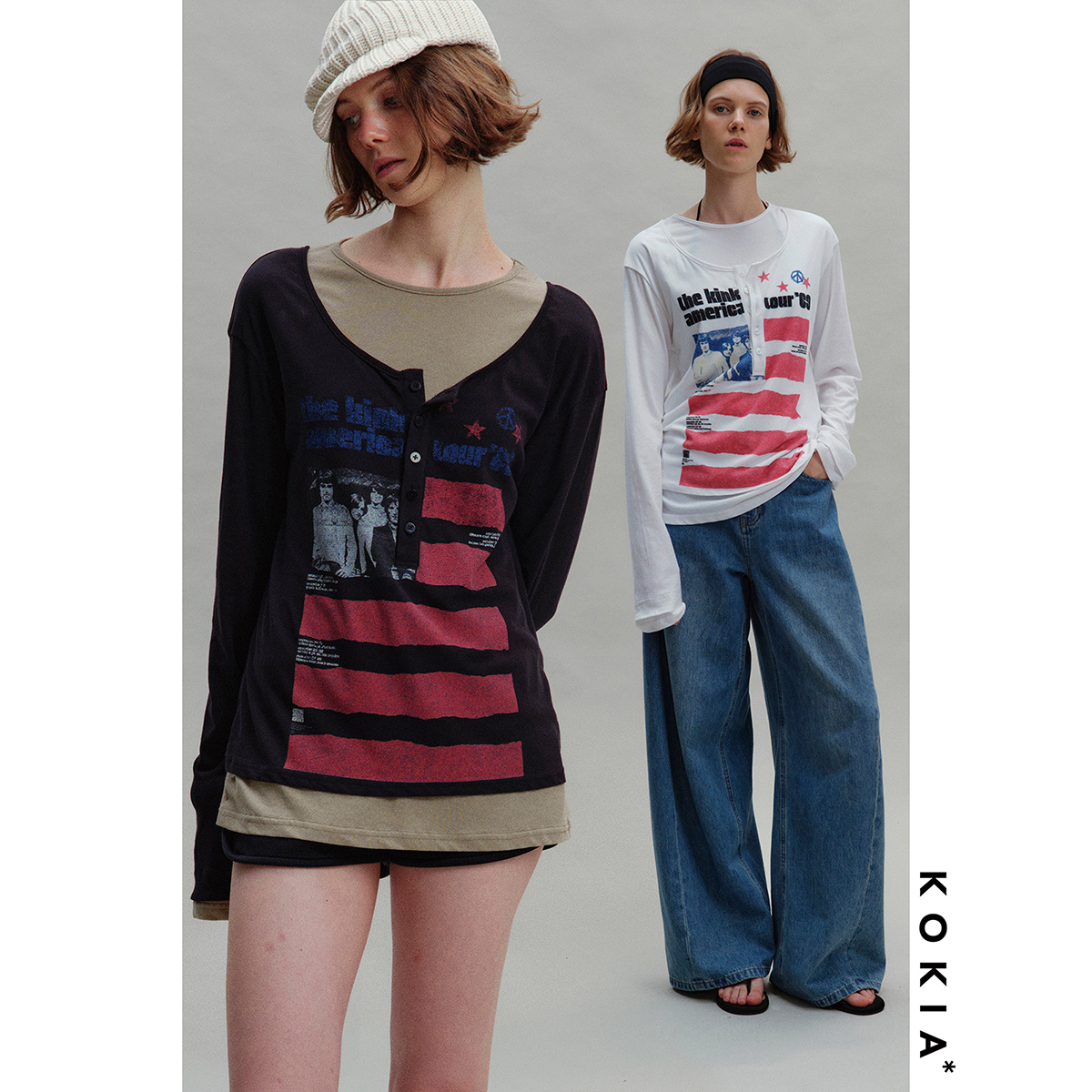 KOKIA亨利领假两件美式复古T