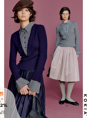 KOKIA现货 知识分子假两件复古绞花毛衣 深V衬衫领短款针织上衣