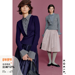 KOKIA现货 知识分子假两件复古绞花毛衣 深V衬衫领短款针织上衣