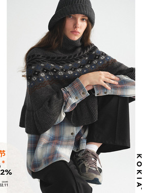 KOKIA现货 羊毛混纺复古费尔岛提花高领针织外搭叠穿斗篷毛衣外套