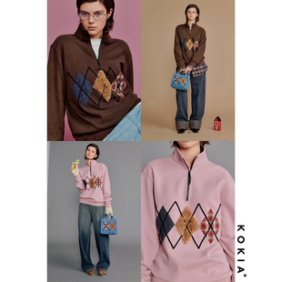 KOKIA现货 复古菱格贴布绣 羊毛天丝趣味易材拼接 半拉链立领卫衣