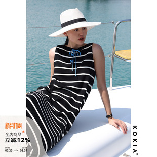 KOKIA现货 配色条纹针织连衣裙两色 Lyocell纤维一字船领系带经典