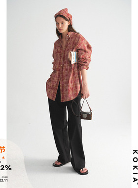 KOKIA现货 复古雪花洗脏染做旧色块补丁落肩宽松廓形纯棉格纹衬衫