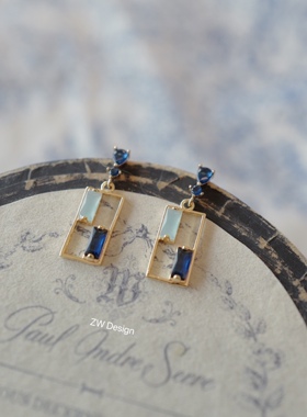 《耳钉耳夹》The Blue蓝色小方925耳环无耳洞蚊香盘国潮文艺藏青