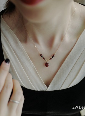 酒红色天然石套装显白锁骨链耳环