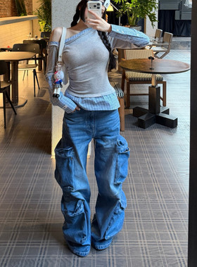 AIM SH 女士 蓝色水洗宽松四口袋牛仔裤长裤