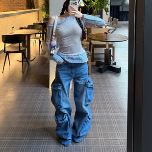 长裤 AIM 蓝色水洗宽松四口袋牛仔裤 女士