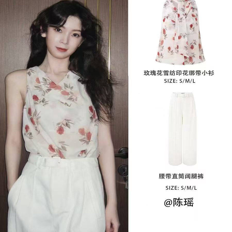 【陈瑶同款】DIANAVEVINA 2025夏季新款雪纺衫女无袖印花粉色上衣