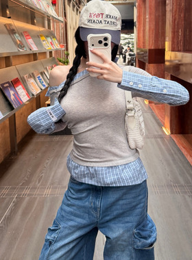 AIM SH 女士 蓝格斜领衬衫拼接灰色混纺长袖上衣