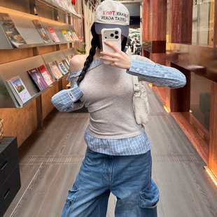 拼接灰色混纺长袖 AIM 蓝格斜领衬衫 女士 上衣