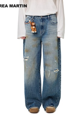 ANDREA MARTIN25秋冬新品小狮子蓝色水洗做旧破洞宽松牛仔裤男女