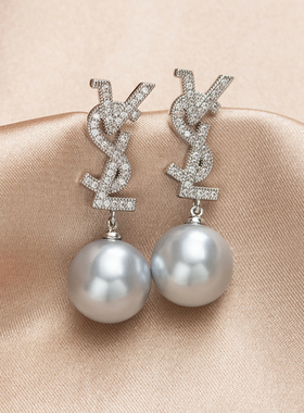 苏瑞瑞轻奢名媛气质VSL灰色珍珠耳钉微镶925法式高级感新款耳环女