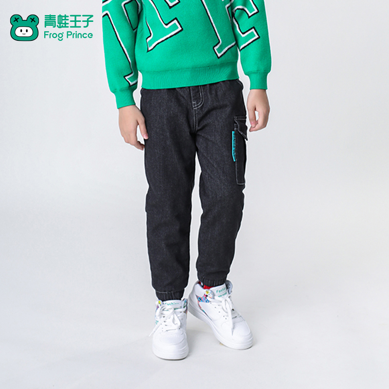 青蛙王子童装男童大童修身加绒牛仔裤冬季新款男孩加厚保暖棉裤子