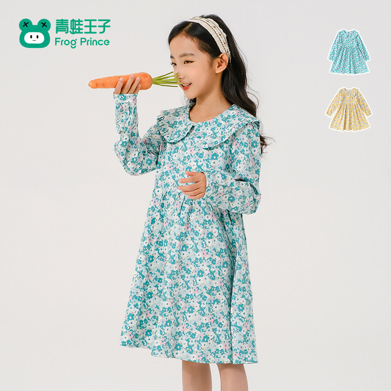 青蛙王子童装女童大童森林系碎花长袖连衣裙春装儿童春季纯棉裙子