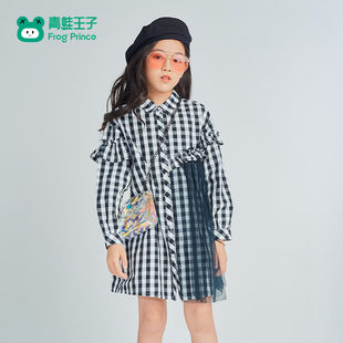 青蛙王子童装女童大童连衣裙春秋款儿童春季裙子格纹衬衫裙学院风