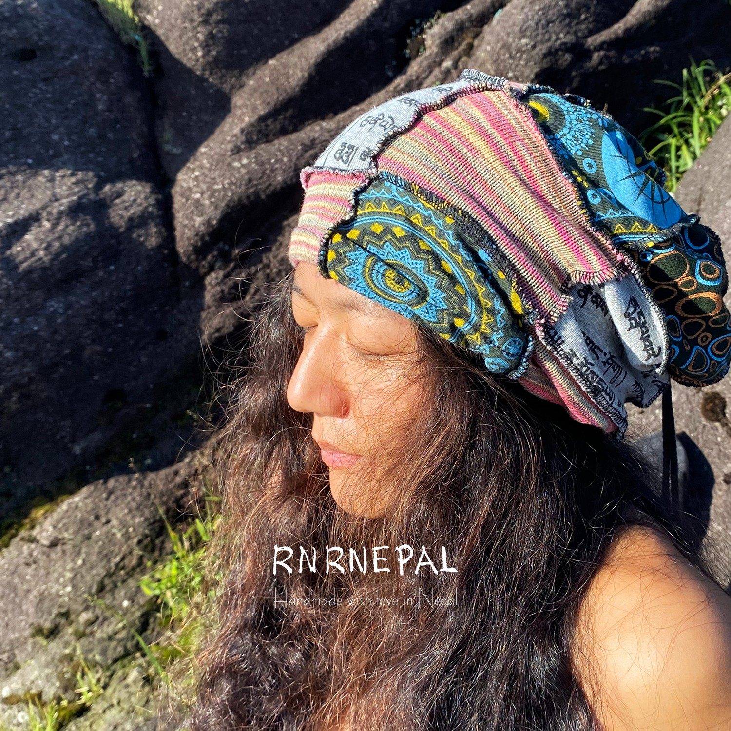 RNRNEPAL 山林回响-原创多功能头饰女纯棉印花拼接抽绳帽子围脖男