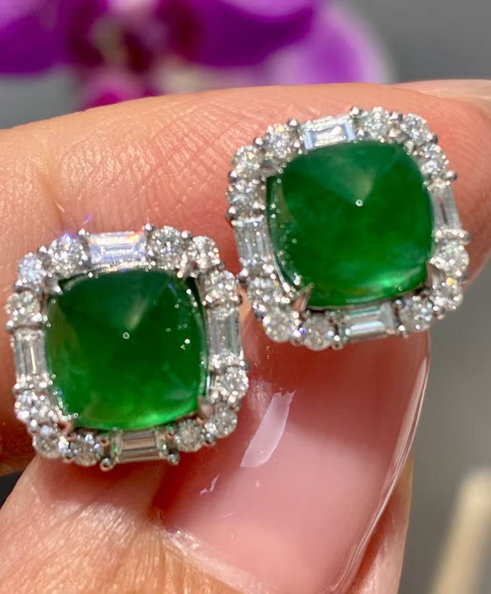 18k白金镶嵌高品质糖塔祖母绿4.34克拉钻石0.695克拉天然钻石耳钉