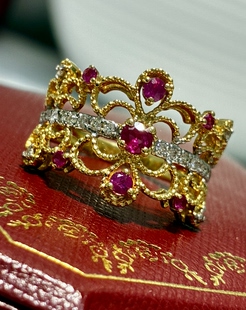 四位数捡漏 双色金红宝石钻戒4.3克重 18K黄金蕾丝款