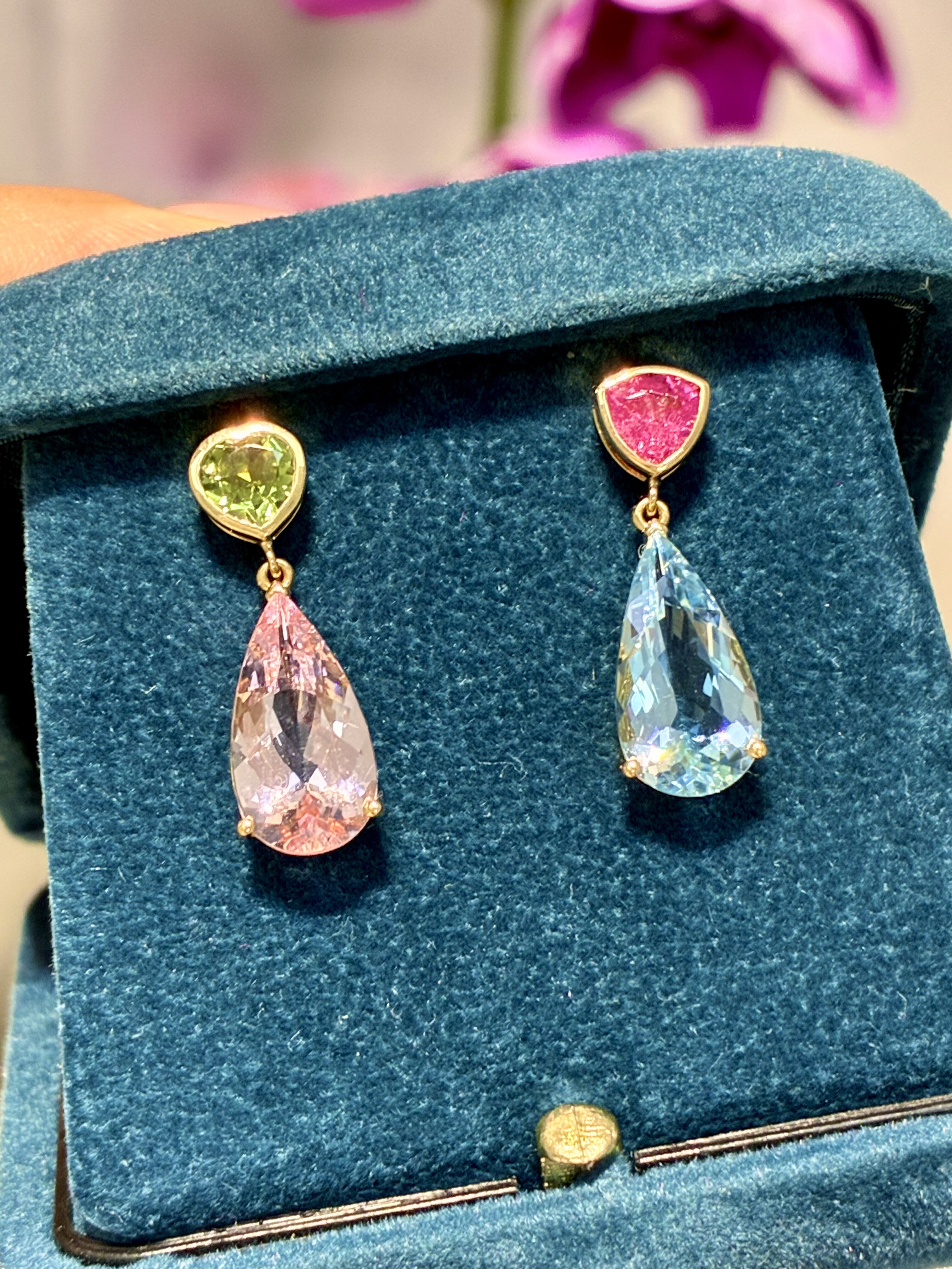 四位数亏本卖 18k黄金耳钉 粉摩根石海蓝宝 碧玺 彩色宝石耳钉