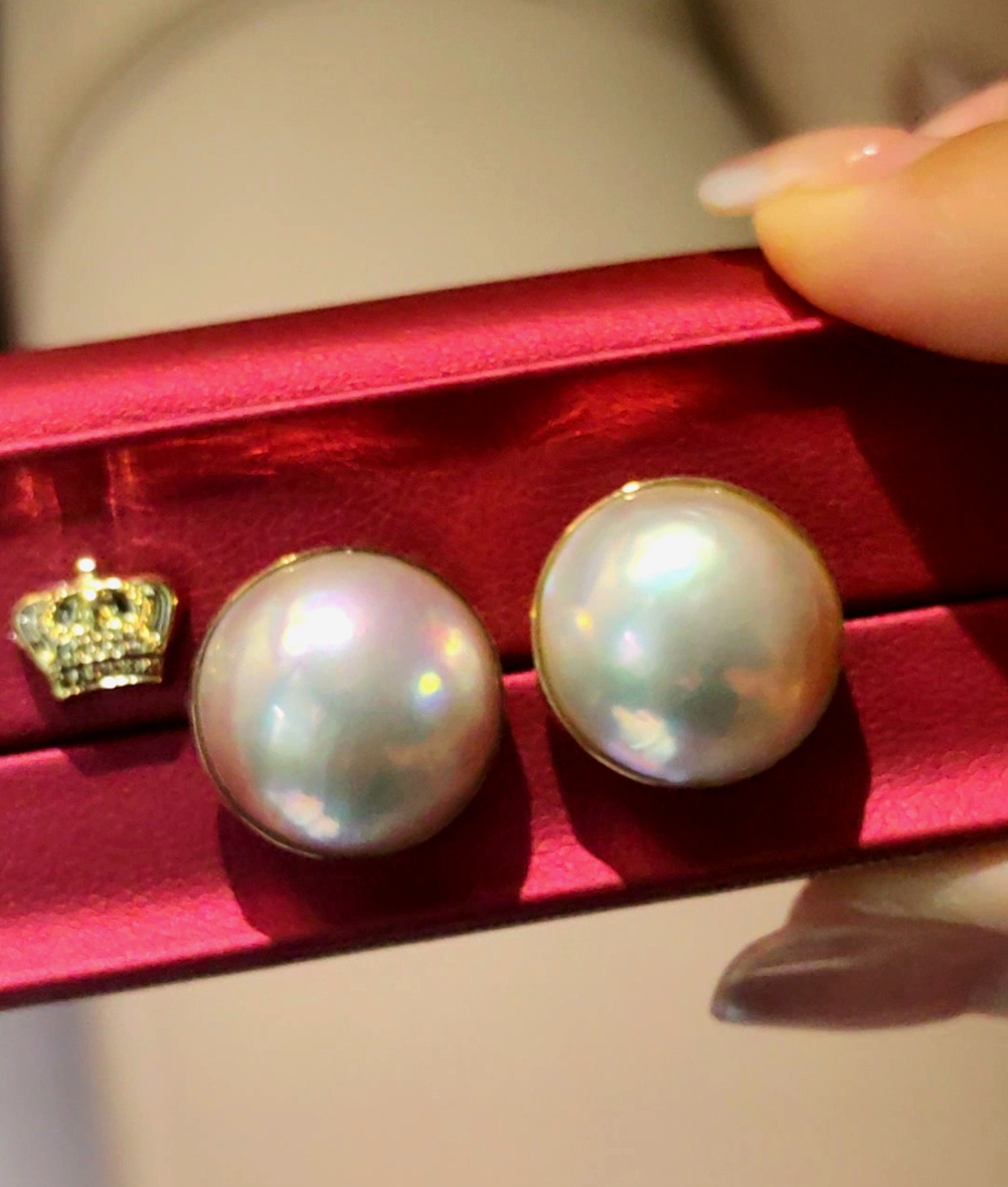 稀有 超显大一对18mm裸珠马贝 强光 18k黄金镶嵌包镶 耳钉