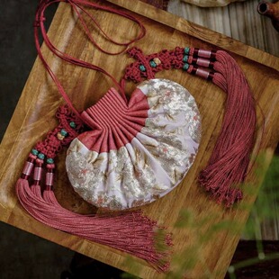 砖红系盘银手绣古法荷包 手工刺绣加大号配回笼须 传统礼物送老外