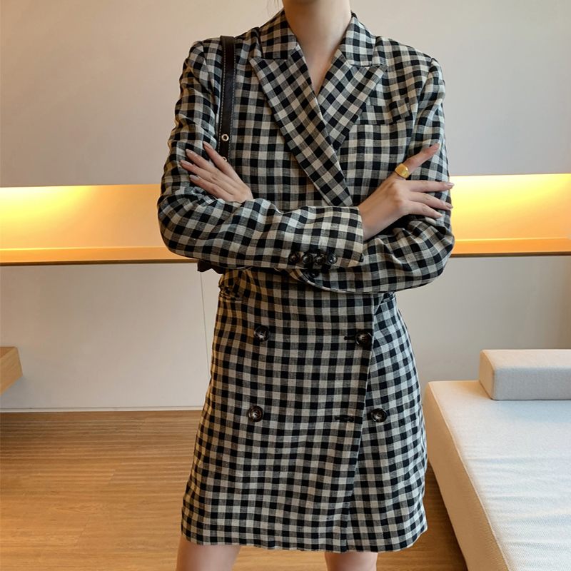 连衣裙女春新款西装外套气质中长款复古摩登双排扣连身裙