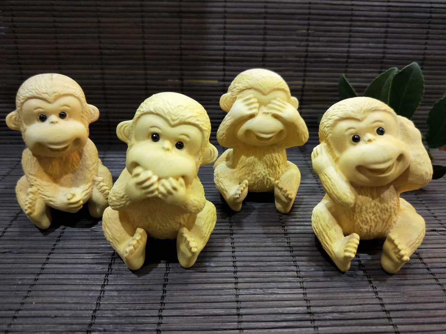 大叶黄杨木手把件摆件四不猴 猴年吉祥物 四勿猴 茶宠 车饰摆件