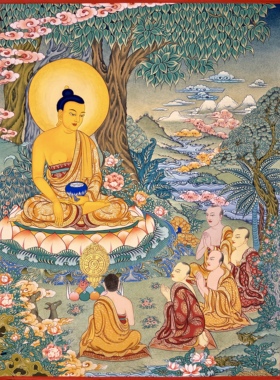热贡己西尖措纯手绘矿物颜料唐卡装饰画释迦摩尼佛菩提树下70×52