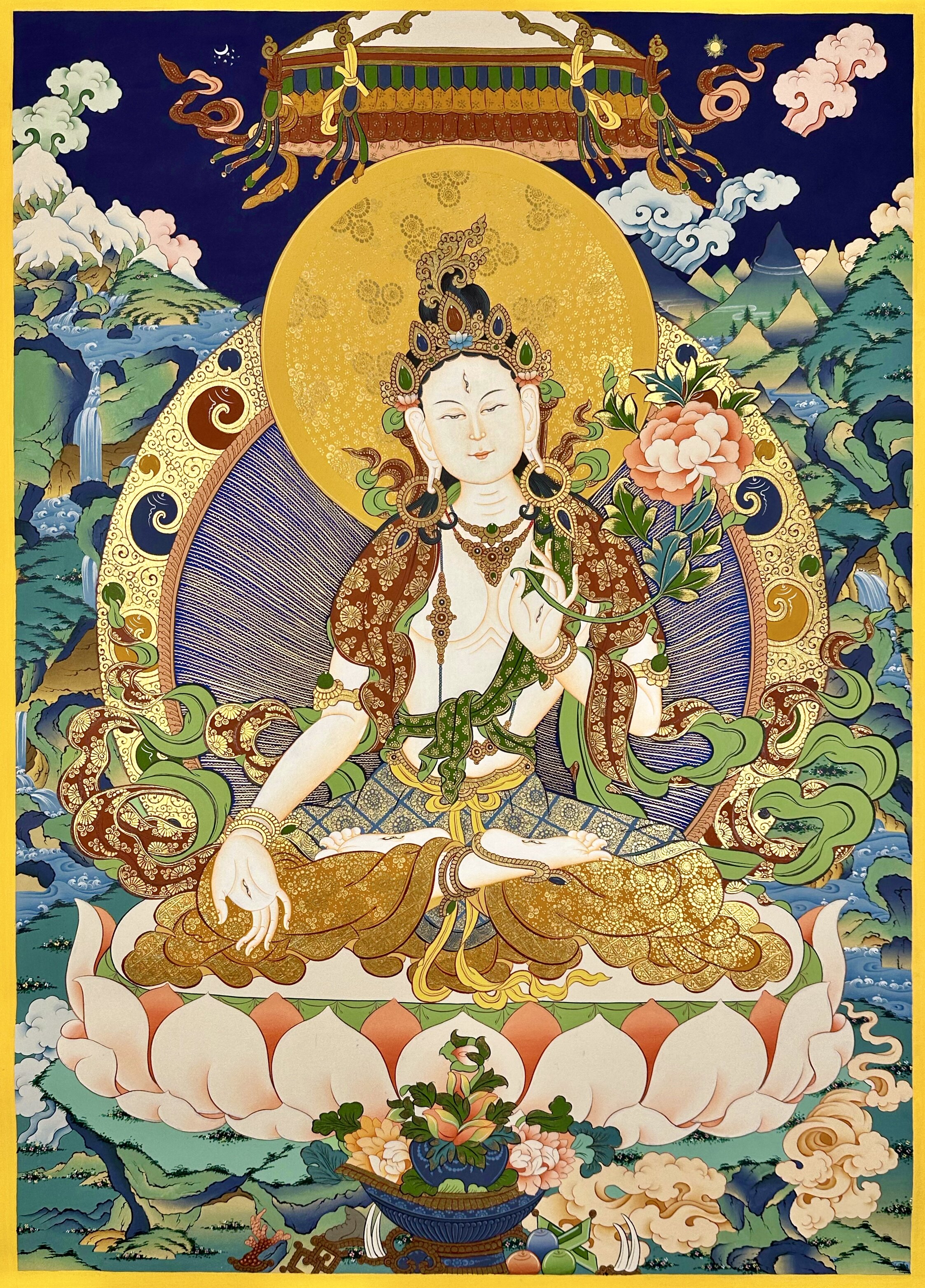 藏族老师手绘矿物颜料唐卡客厅书房装饰挂画藏传佛画白度母76×55