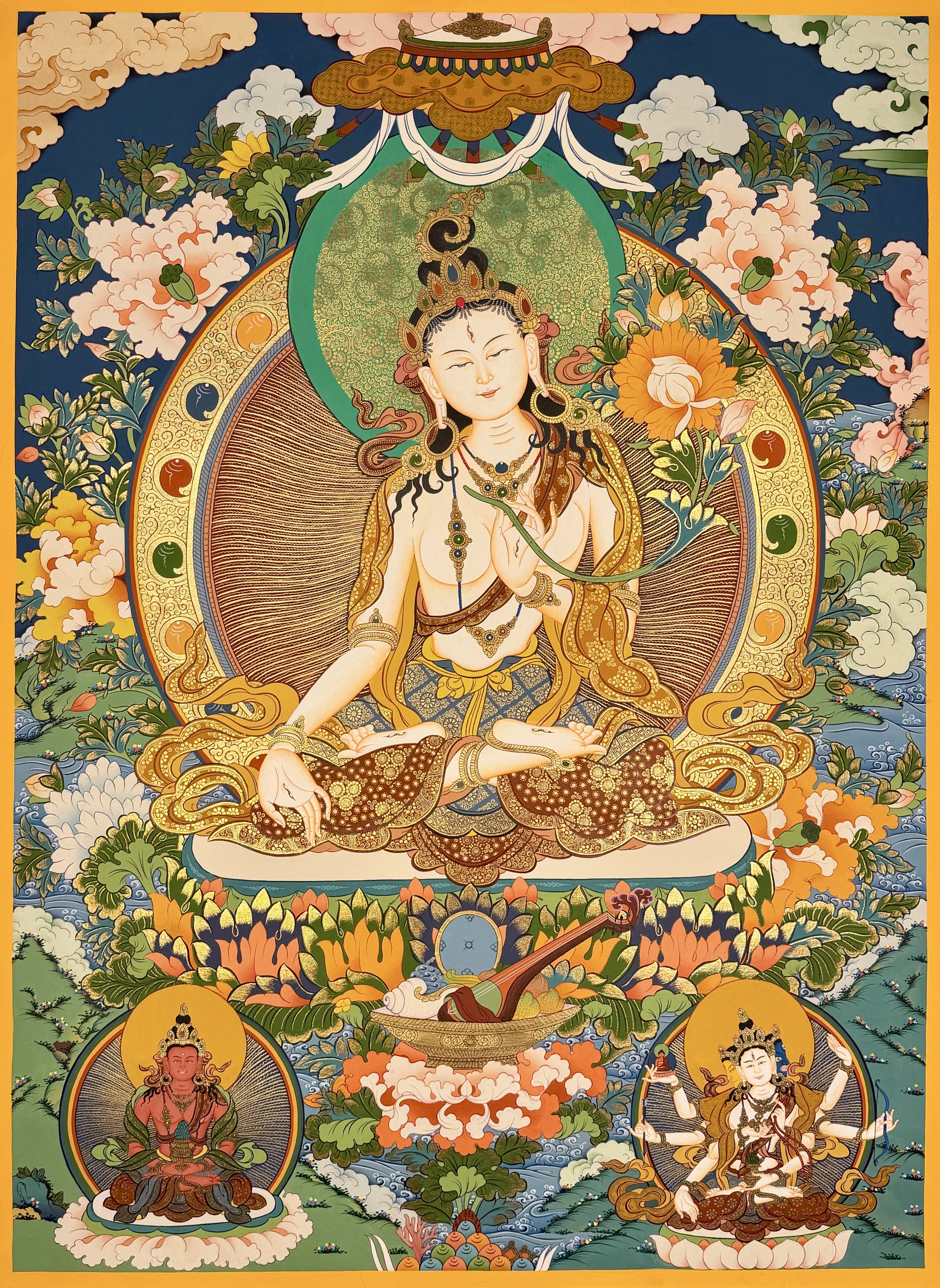 藏族老师手绘矿物颜料唐卡客厅书房装饰挂画藏传佛画白度母76×55