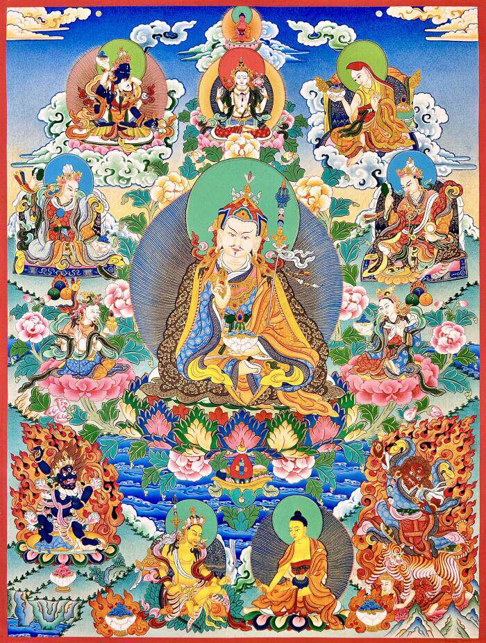 喇*嘛矿彩手绘佛卡意境观想唐卡客厅装饰挂画彩唐莲花生大士76*52