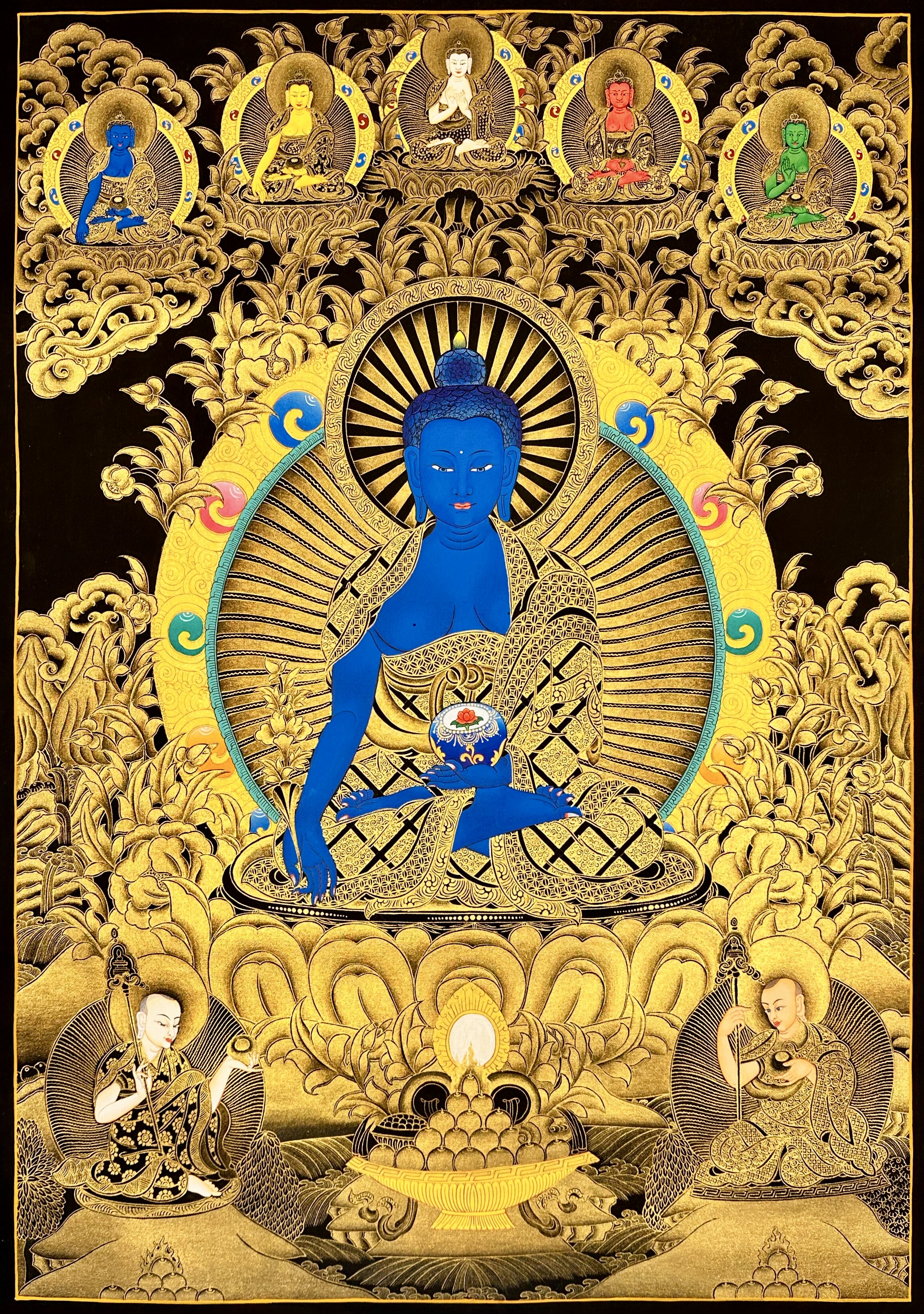 LM画师矿彩手绘佛卡意境观想唐卡客厅书房装饰画黑金药师佛76&times;50