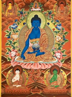 LM画师矿彩手绘佛卡意境观想唐卡客厅书房装饰画药师佛76×50