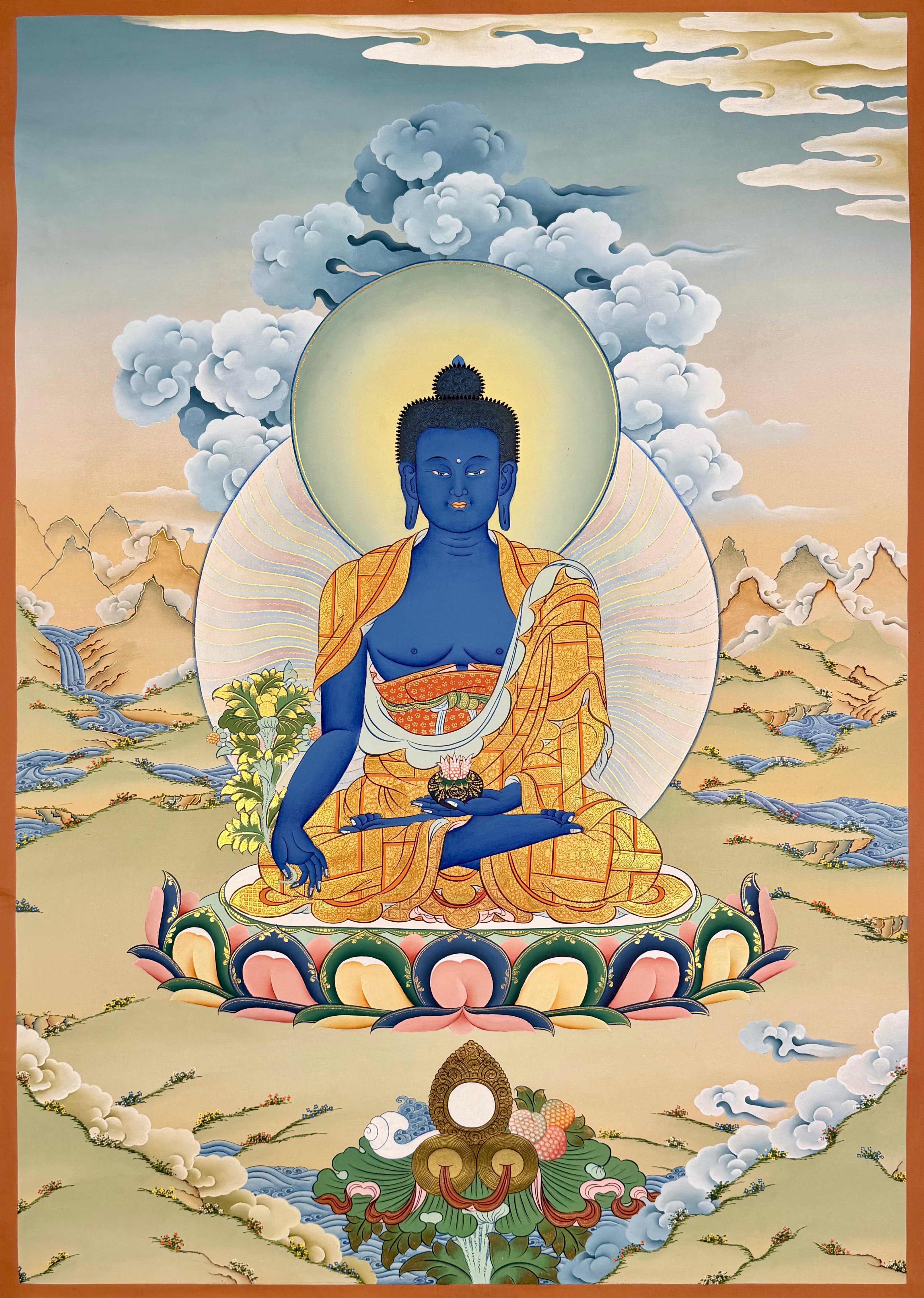 洛桑画师矿彩手绘佛卡意境观想唐卡客厅书房装饰画药师佛76&times;53