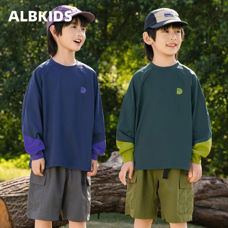 ALBKIDS男童山系户外速干拼接T恤儿童中大童撞色潮童时尚长袖上衣