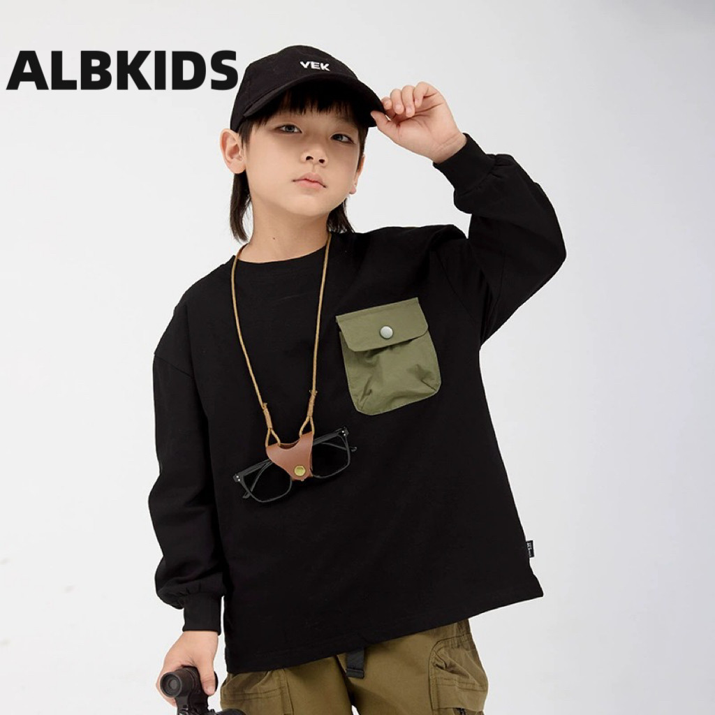 ALBKIDS儿童2025秋季新款韩版口袋宽松T恤男童假两件休闲长袖上衣