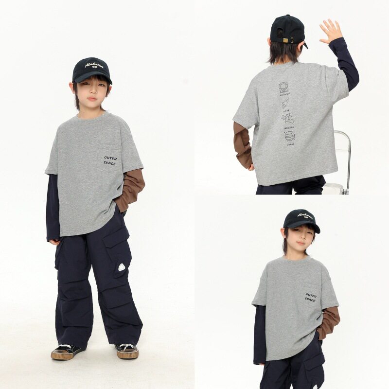 ALBKIDS童装长袖打底衫2026春夏新款男印花卫衣撞色袖宽松套头T恤