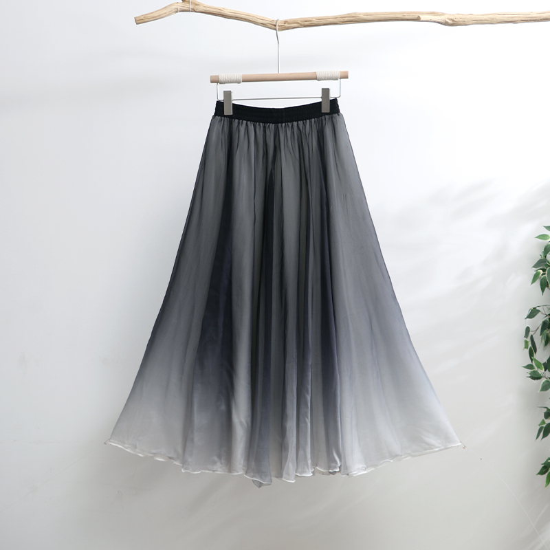 新中式国风半身裙女夏季灰色雪纺裙高级感长裙渐变色长款裙子纱裙