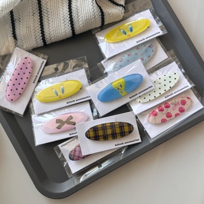 韩国kitsch甜美波点格纹边夹少女可爱椭圆印花发夹刘海夹鸭嘴夹女