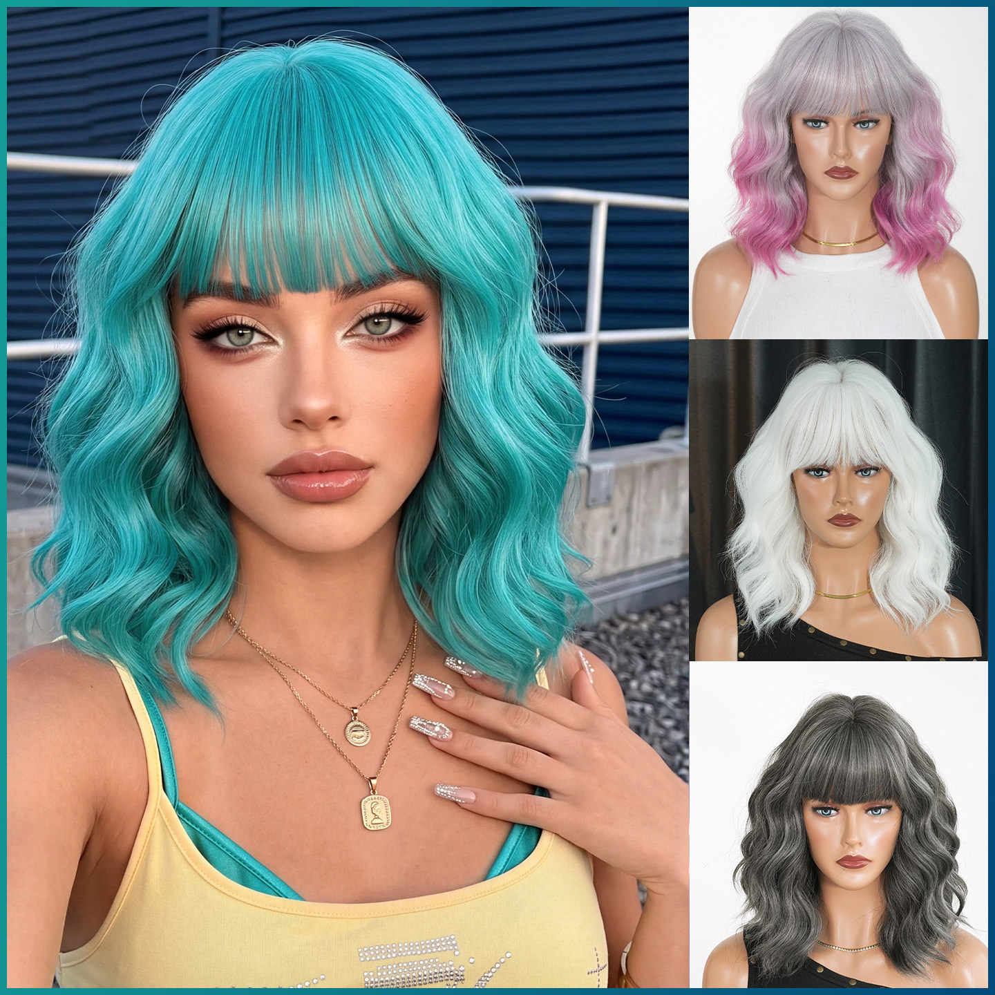 动漫假发女齐刘海短卷发假发全头套欧美蓝绿白色短发short wigs