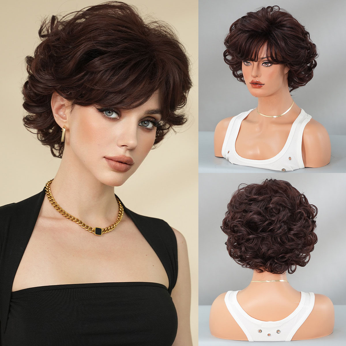 欧美假发女棕色精灵短发假发套7080年代复古短卷发Short hair wig