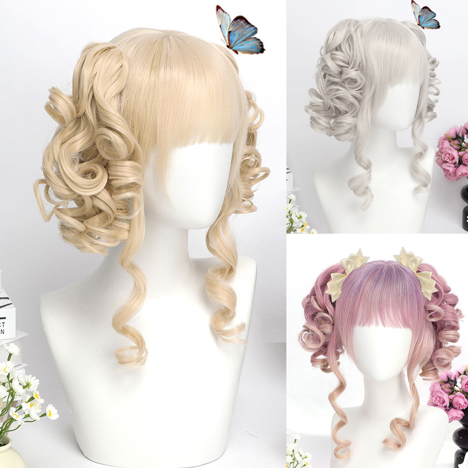 Lolita假发女渐变粉紫色长卷鬓角短发动漫COS抓夹长卷发双马尾wig