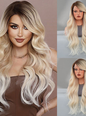 欧美假发女T型蕾丝侧分大波浪假发头套香槟金渐变长卷发Lace Wigs