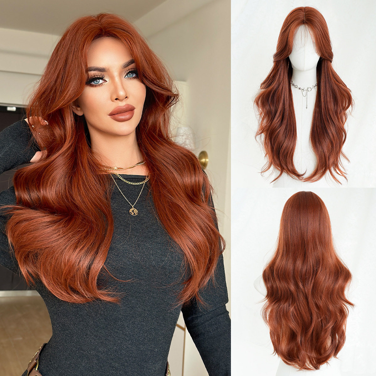 欧美橘红色假发女中分八字刘海大波浪假发蓬松自然显白长卷发Wigs