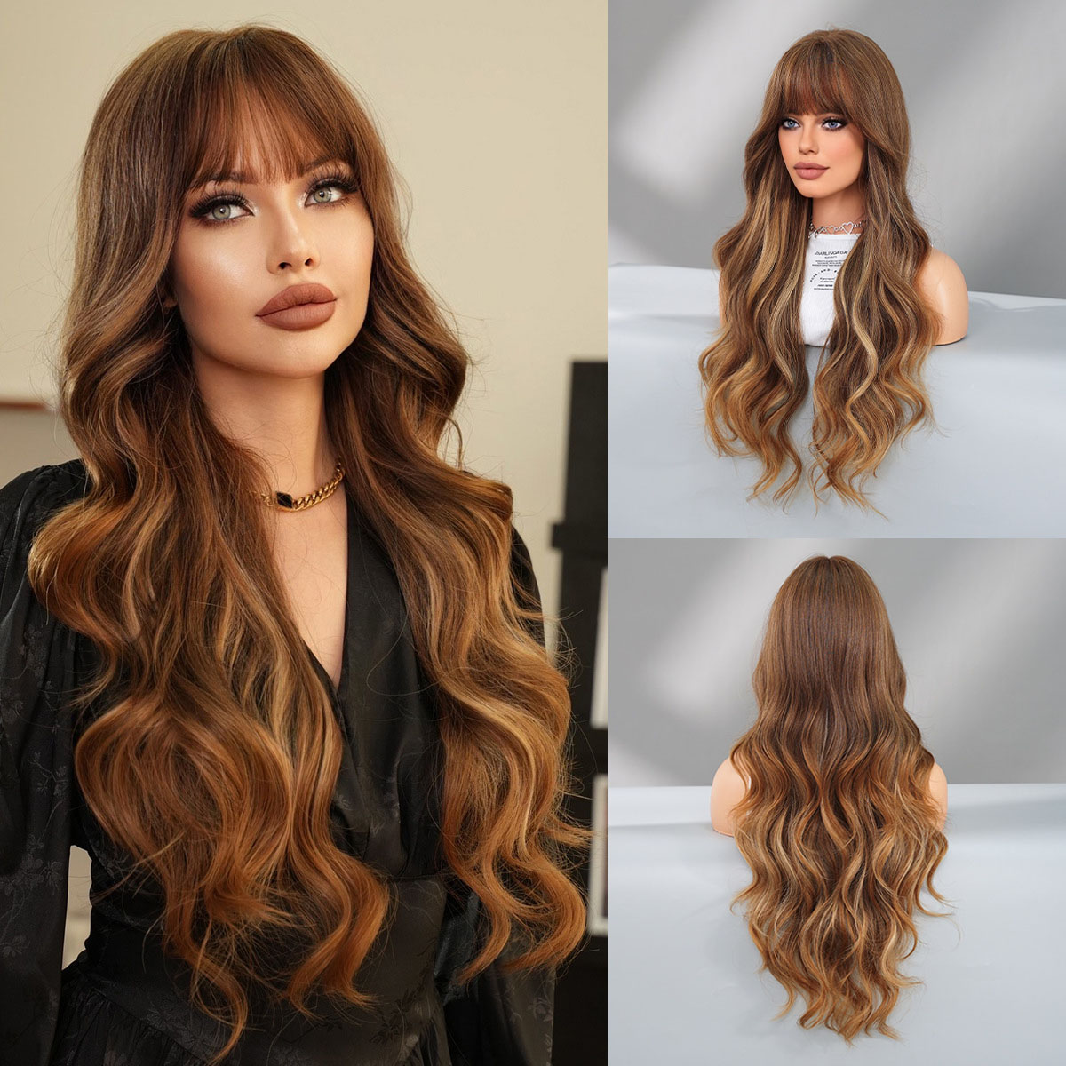 金色挑染假发女齐刘海大波浪长发套蓬松自然欧美长卷发Wavy Wigs