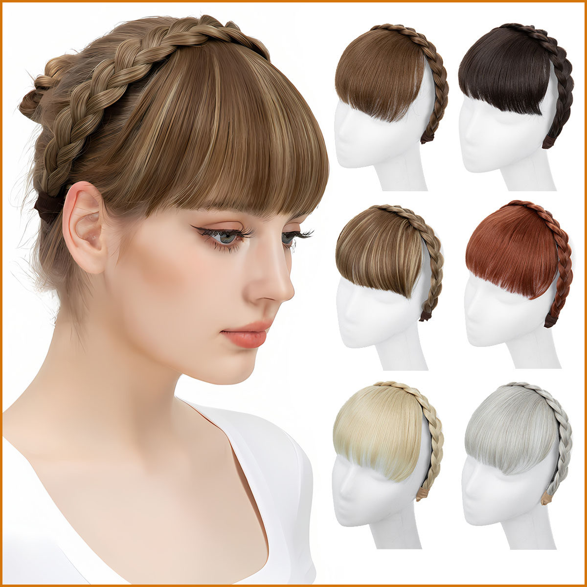 欧美假发女麻花辫子发箍齐刘海发片假发隐形自然前额假刘海片wigs