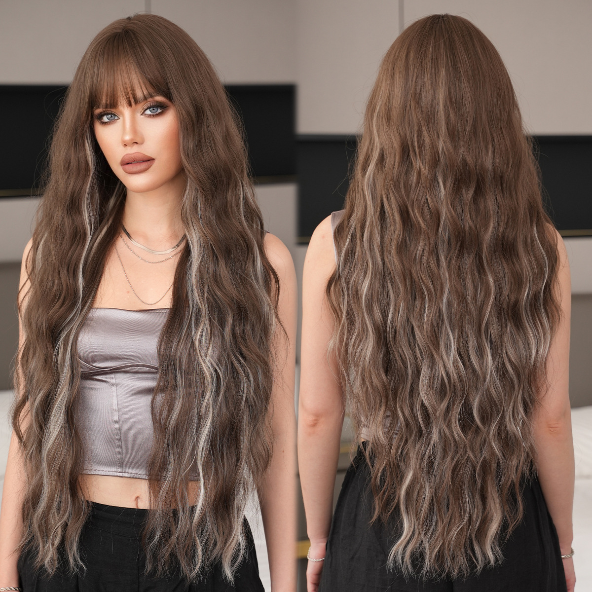 青木棕挑染假发女齐刘海超长卷发假发全头欧美蓬松波浪卷长发wigs