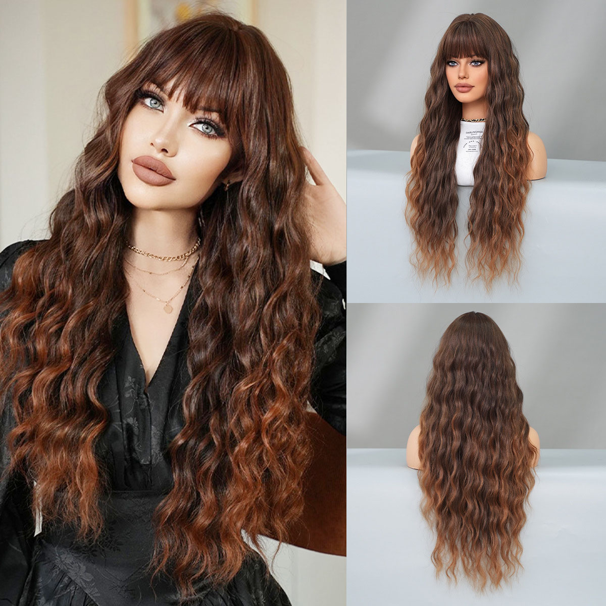 欧美假发女齐刘海长卷发假发全头套蓬松自然水波纹长发Brown Wigs